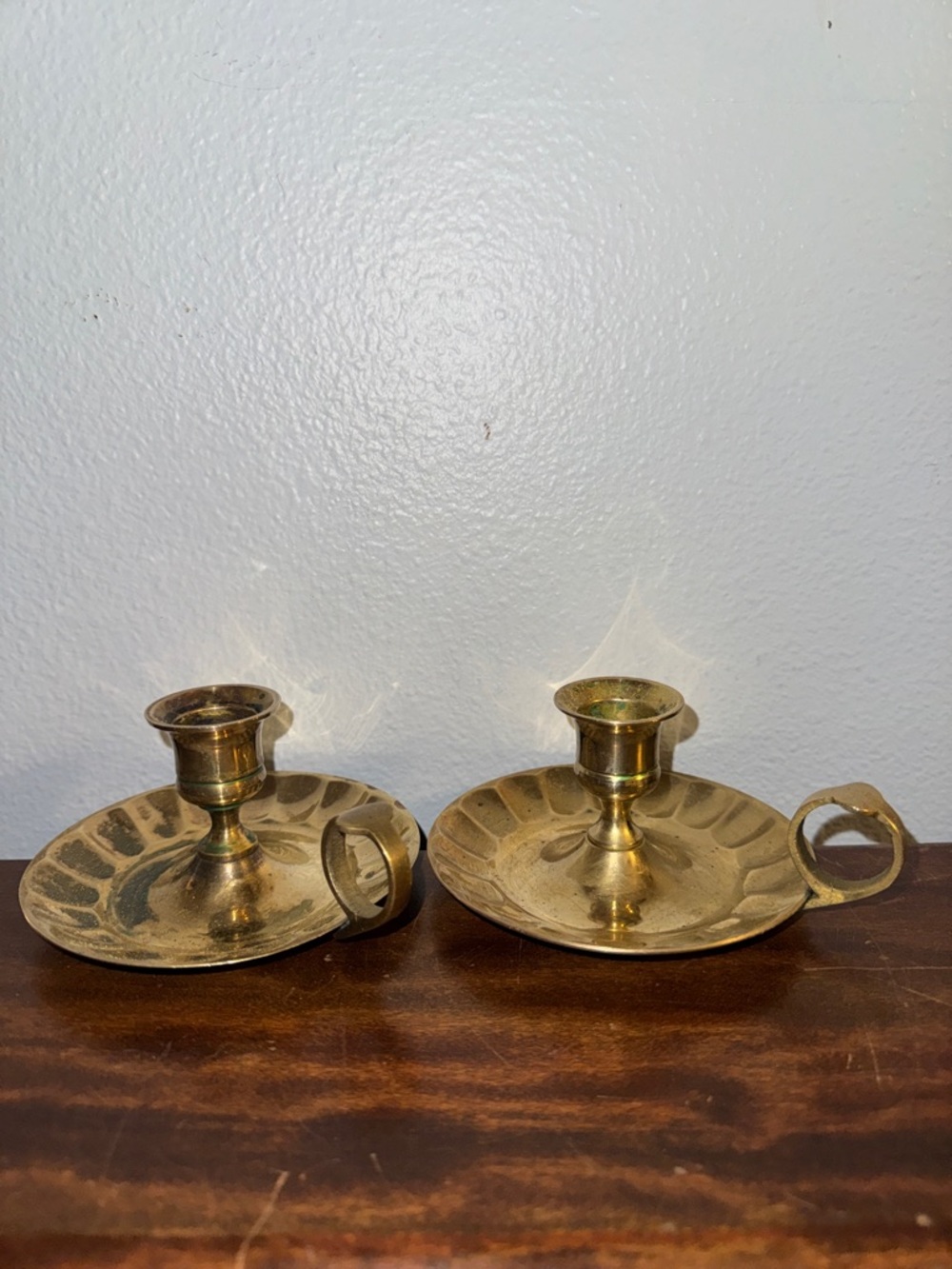 Vintage Brass Chamberstick Candlestick Holders Pair Finger Ring